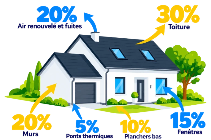 Schéma des déperditions thermiques d’une maison montrant 20 % par l’air et les fuites, 30 % par la toiture, 20 % par la façade, 5 % par les ponts thermiques, 10 % par les planchers bas et 15 % par les châssis.
